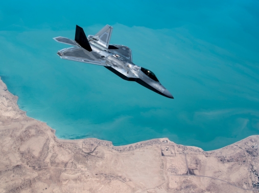 An F-22 Raptor conducts a combat air patrol mission over an undisclosed location in Southwest Asia, September 13, 2019