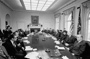 The President's Commission on an All-Volunteer Force (the Gates Commission) meeting with President Nixon in the Cabinet Room on Saturday, February 21, 1970.