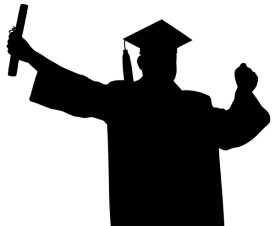 Silhouette of a graduate with diploma in his hand