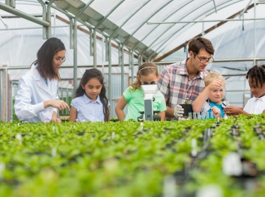 Teachers and students on a science class field trip in a greenhouse