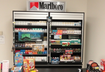 Tobacco product power wall behind the cashier