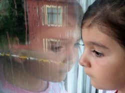 A young girl looks out of a window