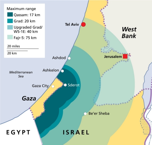 A map depicting rocket ranges from Gaza into Israel