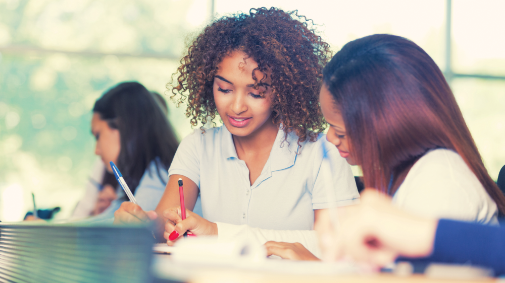 Teen girls in private school working on group assignment