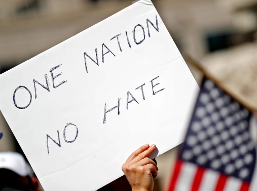 Protesters gather during the Indiana Stop Asian Hate Rally on Monument Circle in Indianapolis, Indiana, March 27, 2021