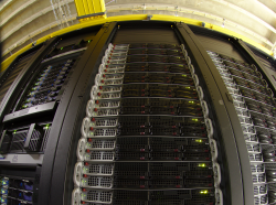 A fish-eye view of a rack of computers