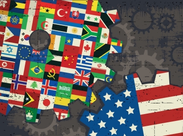 American and world flags as gears