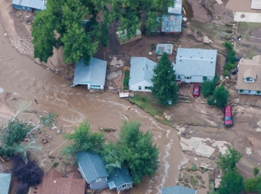 An aerial photo of a flood-affected area of northern Colorado along the Big Thompson River which has been declared a federal disaster area in September 2013