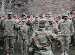 Knights Brigade Soldiers take the oath of reenlistment in the courtyard of the Burg Lichtenberg castle in Kusel, Germany, April 1, 2016