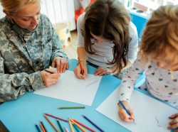 Military mom coloring with her two girls