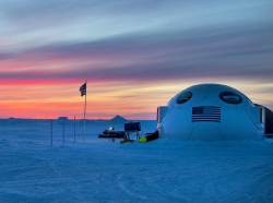 The sun sets on Ice Camp Sargo during Ice Exercise 2016 at the Arctic Circle, March 8, 2016