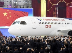 The first C919 passenger jet made by the Commercial Aircraft Corp of China (Comac) during a news conference at the company's factory in Shanghai, November 2, 2015