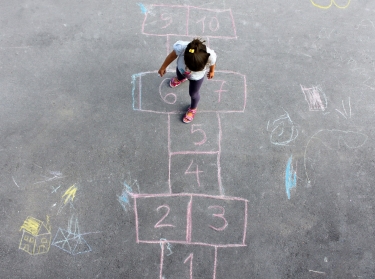 Girl playing hopscotch, seen from above