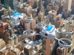 Police drones simulation with blue emergency lights flying over New York City