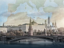 The Kremlin appears on top of a map of the Mediterranean region