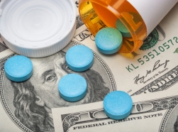 Blue pills spilling out of a prescription bottle on USD 100 dollar bills