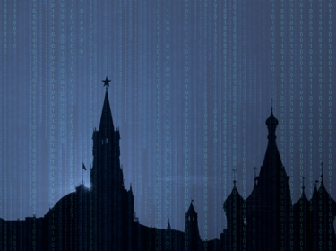 A dark Russian sky with a binary code background