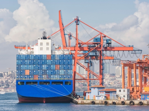 Cargo is loaded onto a container ship in Istanbul, Turkey