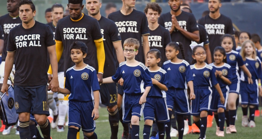 Members of youth soccer teams walk onto the field with the Philadelphia Union before a match against the Portland Timbers at Talen Energy Stadium, Philadelphia, PA, May 25, 2019