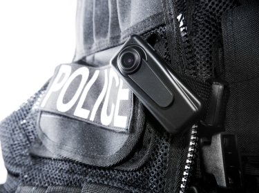 A close-up image of a police body camera clipped to a vest