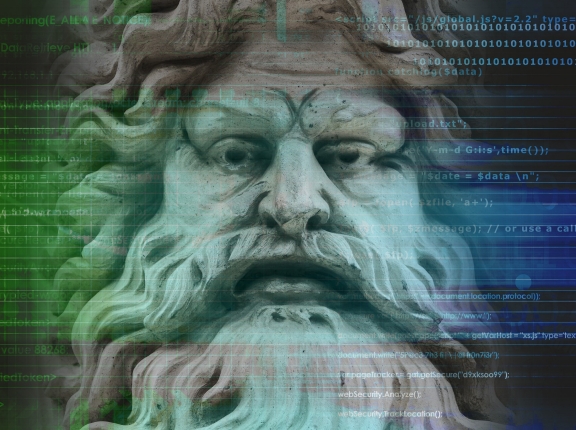 An ancient sculpture of a god's face superimposed over source code, images by Adolf and kentoh/Adobe Stock
