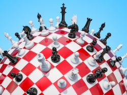 A 3D rendering of a chess board on a globe