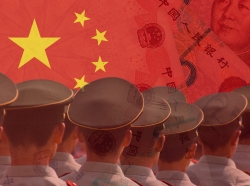 Chinese flag, yuan, and soldiers, image design by Katherine Wu/RAND Corporation; photos by Dmytro and Mike/Adobe Stock