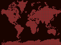 World map in red pixels on a dark background, photo by Lidiia Moor/Getty Images