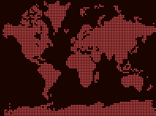 World map in red pixels on a dark background