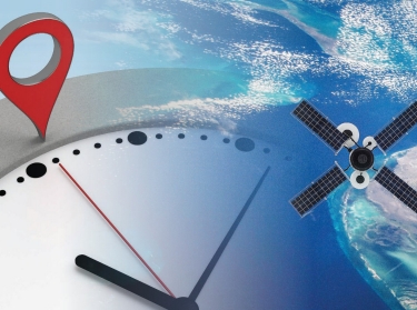 Clock with navigation marker and satellite orbiting Earth, images by petrovv and janiecbros/Getty Images