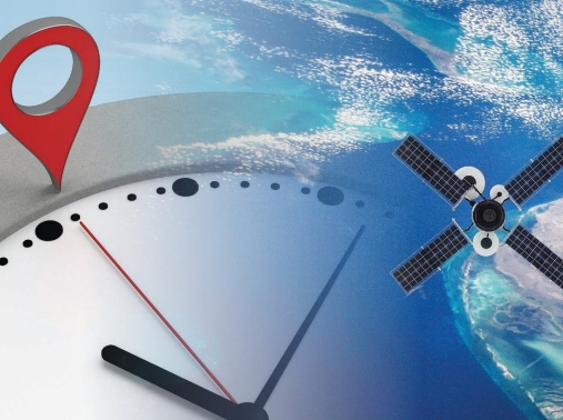 Clock with navigation marker and satellite orbiting Earth