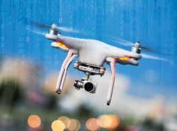 Drone quadcopter over a background of binary code, photos by Kadmy/Adobe Stock and enot-poloskun/Getty Images; design by Rick Penn-Kraus/RAND Corporation