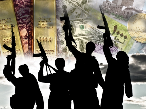 Armed fighters over a background of Syrian, Iraqi, and U.S. currencies and gold ingots