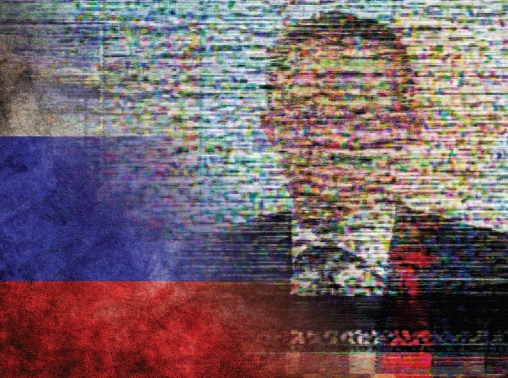 TV news anchor obscured by screen of interference over a Russian flag