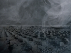 Smoke superimposed over a mass grave of ISIS fighters found in 2017 near Fallujah, Iraq, photos by Iraqi ministry of defence and Marina/Adobe Stock; design by Peter Soriano/RAND Corporation