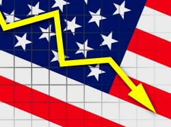 United States flag with downward arrow graph