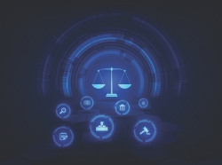 Icons representing areas of the criminal justice system on a dark blue background.