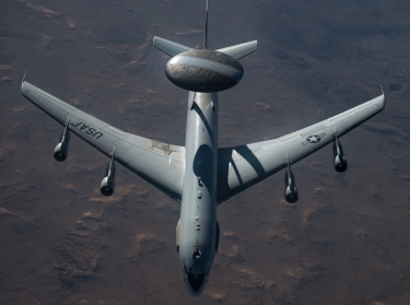 A U.S. Air Force E-3 Sentry flies over the U.S. Central Command area of responsibility Feb. 1, 2021. The E-3 Sentry is an airborne warning and control system aircraft with an integrated command and control battle management surveillance, target detection and tracking platform, photo by Staff Sgt. Sean Carnes/U.S. Air Force