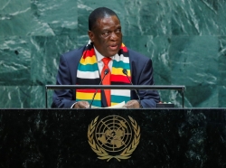 Zimbabwean President Emmerson Mnangagwa addresses the 74th session of the United Nations General Assembly at U.N. headquarters in New York City, New York, September 25, 2019, photo by Eduardo Munoz/Reuters