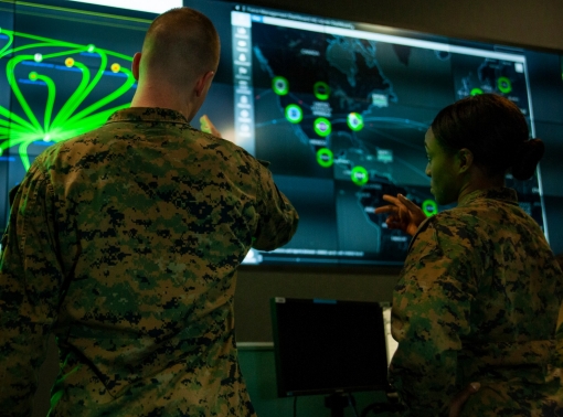 Marines with Marine Corps Forces Cyberspace Command pose for photos in the cyber operations center at Lasswell Hall, photo by Jacob Osborne/U.S. Marine Corps