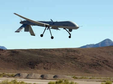 A U.S. Air Force MQ-1 Predator on its final approach to Indian Springs Auxiliary Field in Nevada