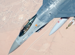 A Belgian Air Force F-16 over Ghardabiya Air Base, Libya, April 29, 2011