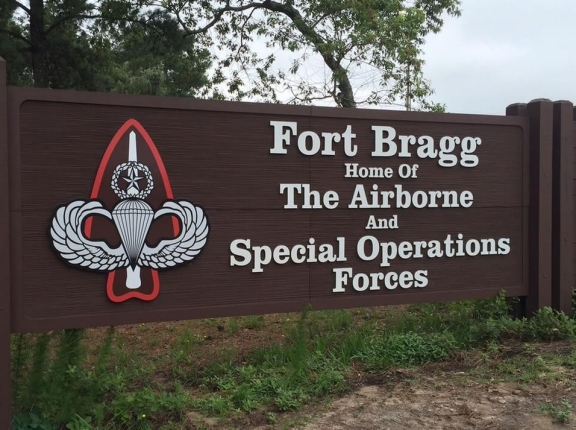 Sign that says Fort Bragg, Home of the Airborne and Special Operations Forces, photo by U.S. Army