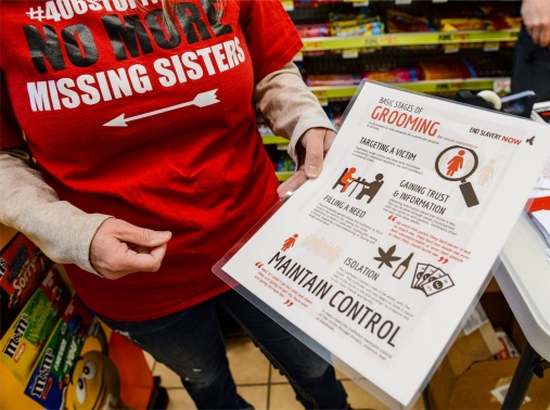 Volunteers with the Red Sand Project raise awareness on the problem of human trafficking, Great Falls, Montana, March 31, 2021