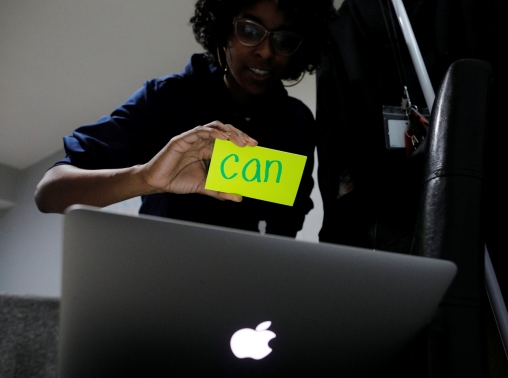 Boston Public School teacher Princess Bryant instructs her kindergarten class from her apartment via video-conference from her apartment, Boston, Massachusetts, April 28, 2020