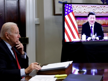 U.S. President Joe Biden speaks virtually with Chinese leader Xi Jinping from the White House, November 15, 2021, photo by Jonathan Ernst/Reuters