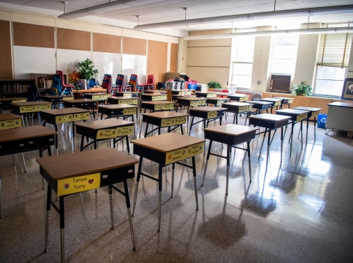 An empty classroom at Heather Hills Elementary School in Bowie, MD, on Wednesday, August 26, 2020