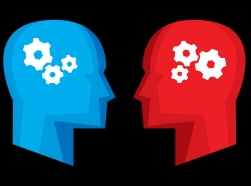 Red and blue profiles with thinking gears in their heads, illustration by JakeOlimb/Getty Images