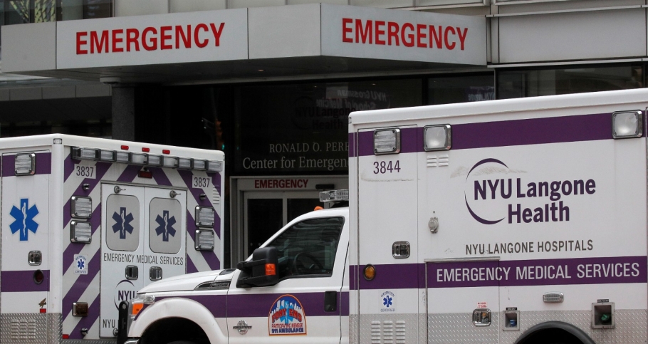 Ambulances seen outside NYU Langone Hospital's Emergency entrance during the coronavirus disease (COVID-19) outbreak, in New York City, March 31, 2020