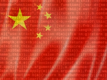 Chinese flag with JavaScript code in the background, photos by daboost and mehaniq41/Adobe Stock